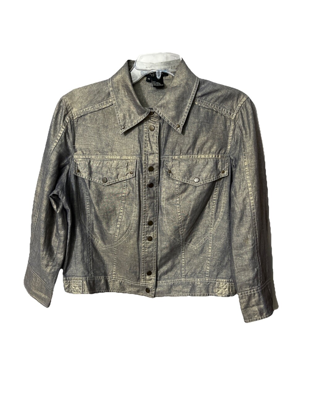 Etcetera Metallic Linen Blend‎ Cropped Jacket Womens 10 Snap Front Quiet Luxury